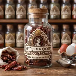 Chile serrano enmielado tradicional en frasco de vidrio rústico con etiqueta de época y tapón de corcho, sobre mesa de madera acompañado de costalito de tela con chile serrano seco, palita de latón y huevera con huevos blancos y rojos, al fondo un estante de madera con frascos de condimentos de Lady Regaliz Grocery.