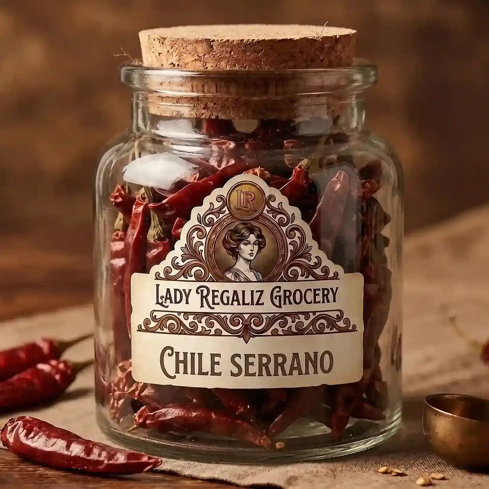 Chile serrano seco en frasco de vidrio de época con tapón de corcho y etiqueta vintage de Lady Regaliz Grocery.