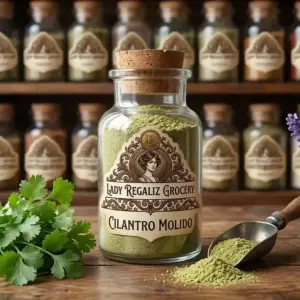Cilantro molido de color verde pálido en frasco de botica vintage, sobre mesa de madera con manojo de cilantro fresco y palita rustica en Lady Regaliz Grocery.