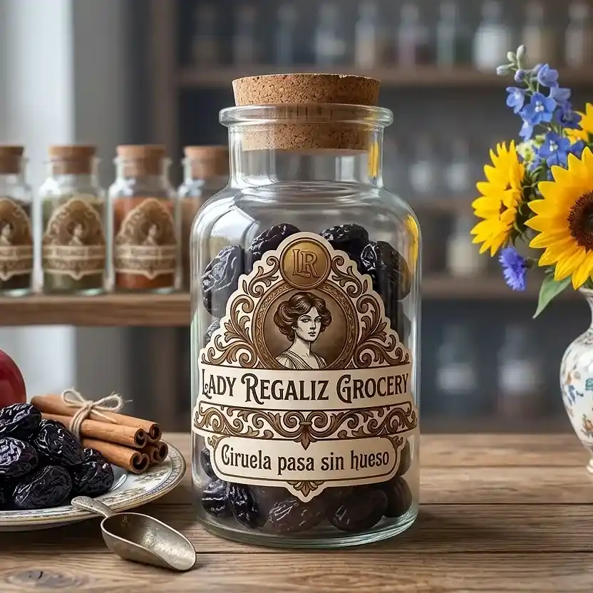 Ciruelas pasas sin hueso de textura suave y color oscuro en frasco rústico sobre mesa de madera, a un lado un platito con ciruelas pasa sin hueso, ramas de canela, una manzana y una palita de latón, al fondo unos girasoles en Lady Regaliz Grocery.