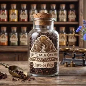 Clavos de olor enteros y secos de tono café oscuro en frasco de botica vintage, sobre mesa de madera con bascula antigua y palita de hierro forjado, al fondo más frascos en la estantería de la tienda de Lady Regaliz Grocery.