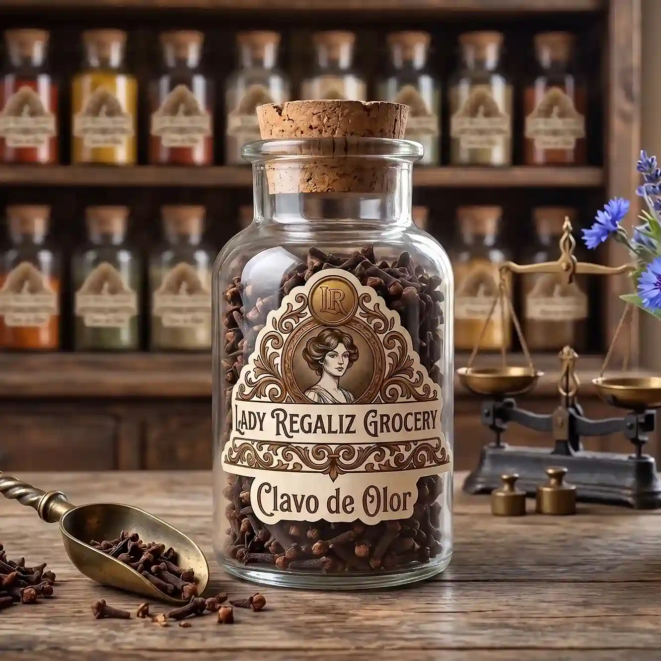 Clavos de olor enteros y secos de tono café oscuro en frasco de botica vintage, sobre mesa de madera con bascula antigua y palita de hierro forjado, al fondo más frascos en la estantería de la tienda de Lady Regaliz Grocery.