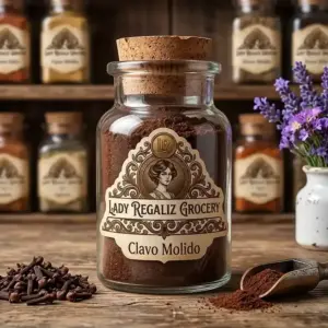 Clavo molido de tono café oscuro en frasco de vidrio antiguo, sobre mesa de madera con montoncito de clavos de olor y palita de aluminio, a un lado florero blanco con flores moradas, al fondo más frascos de Lady Regaliz Grocery.