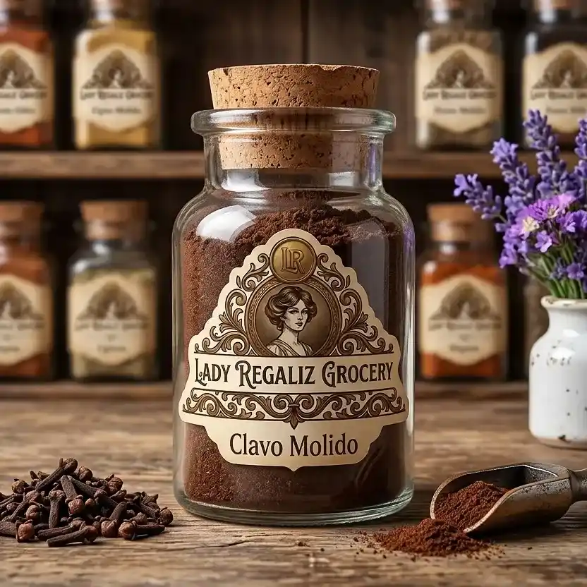 Clavo molido de tono café oscuro en frasco de vidrio antiguo, sobre mesa de madera con montoncito de clavos de olor y palita de aluminio, a un lado florero blanco con flores moradas, al fondo más frascos de Lady Regaliz Grocery.