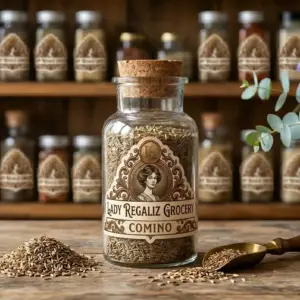 Semillas de comino entero de perfil aromático en frasco de vidrio rústico con etiqueta antigua sobre mesa de madera con un montoncito de semillas de comino y una palita de cobre, al fondo una estantería con frascos y condimentos de Lady Regaliz Grocery