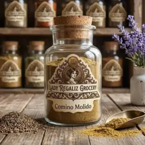Comino molido de perfil aromático en frasco tradicional de vidrio, sobre mesa de madera con montoncito de semillas de comino y florero blanco con flores moradas de Lady Regaliz Grocery.