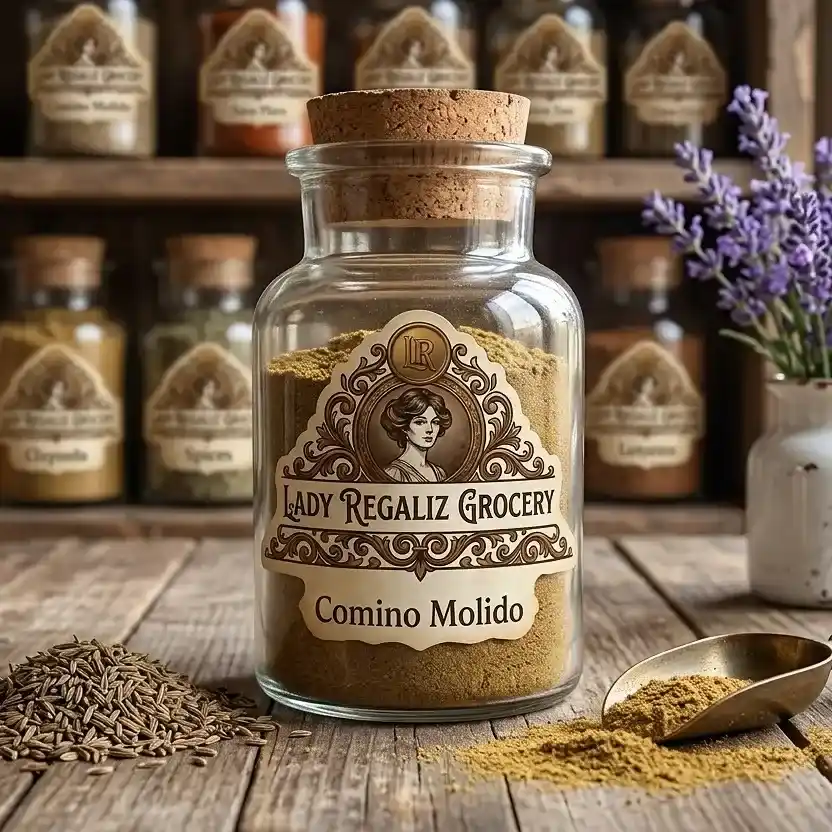 Comino molido de perfil aromático en frasco tradicional de vidrio, sobre mesa de madera con montoncito de semillas de comino y florero blanco con flores moradas de Lady Regaliz Grocery.