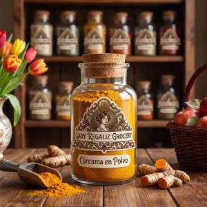 Cúrcuma en polvo de un brillante color amarillo anaranjado en frasco de botica de época, sobre mesa de madera con florero vintage y tulipanes, palita de aluminio, raíces de curcuma y canasta de mimbre con manzanas rojas, al fondo más frascos de la tienda Lady Regaliz Grocery.