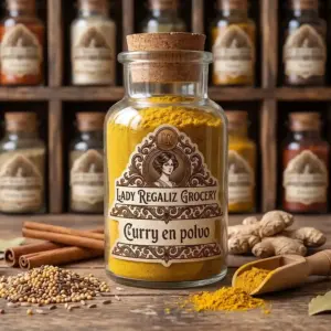 Curry en polvo de aroma intenso y color amarillo mostaza en frasco vintage, sobre mesa rústica de madera con varas de canela, semillas de mostaza y anís, a un lado raíces frescas de jengibre y palita de madera, al fondo más frascos en la estantería de Lady Regaliz Grocery.