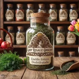 Hojas de eneldo deshidratado de tono verde suave en frasco de vidrio vintage con tapón de corcho, sobre mesa de madera con canasta de mimbre y manzanas rojas, manojo de eneldo fresco, palita de madera y de fondo estantería con frascos de Lady Regaliz Grocery.