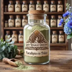 Eucalipto en polvo fino de tono verde pálido en frasco de botica tradicional, sobre mesa de madera con un ramo de eucalipto fresco y una palita de madera, al fondo unas flores azules y frascos en la estantería de Lady Regaliz Grocery.