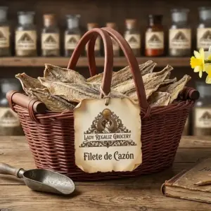 Filete seco de cazón artesanal preparado para la cocina tradicional en ambiente de época, dentro de canasta de mimbre, sobre mesa de madera y palita de latón con libreta de recetas familiares, al fondo un estante de madera con frascos de condimentos de Lady Regaliz Grocery.