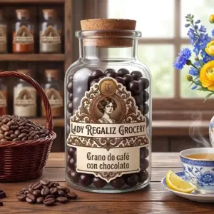 Granos de café tostados cubiertos de chocolate en frasco de vidrio vintage con tapón de corcho, sobre mesa de madera, acompañado de granos de café tostados, taza de té con platito de porcelana, flores azules y amarillas, al fondo un estante de madera con frascos de frutos secos de Lady Regaliz Grocery.