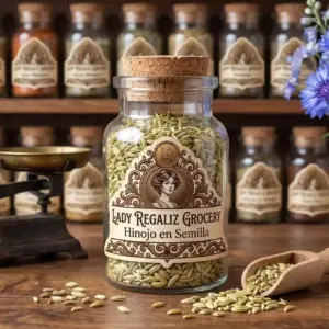 Semillas de hinojo secas y aromáticas en frasco tradicional de vidrio antiguo, sobre mesa de madera con bascula antigua y palita de madera, al fondo unas flores azules y frascos de Lady Regaliz Grocery.