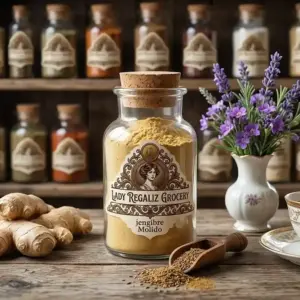 Jengibre molido de color amarillo pálido en frasco vintage con etiqueta antigua, sobre mesa de madera con raíces de jengibre, palita de madera, florero blanco con flores moradas y de fondo más frascos de Lady Regaliz Grocery.