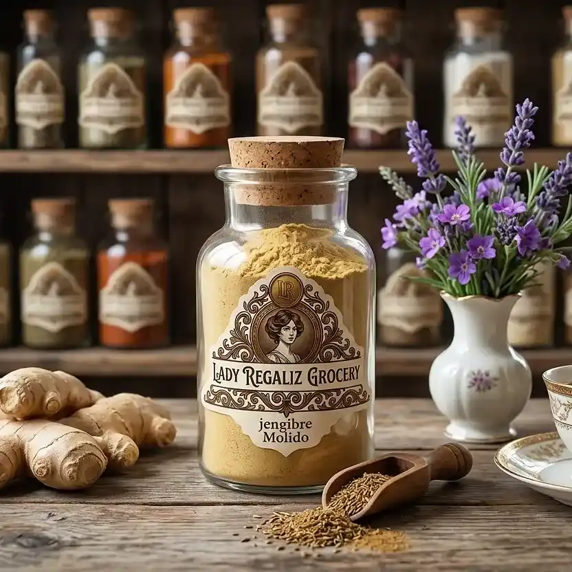 Jengibre molido de color amarillo pálido en frasco vintage con etiqueta antigua, sobre mesa de madera con raíces de jengibre, palita de madera, florero blanco con flores moradas y de fondo más frascos de Lady Regaliz Grocery.