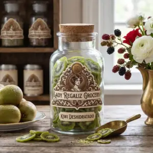 Rodajas de kiwi deshidratado de color verde brillante en frasco rústico con tapón de corcho, sobre mesa de madera, acompañado de plato de cerámica con kiwis frescos recién lavados, claveles blancos y rojos con vainas de moras en lechera de latón, al fondo un estante de madera con frascos de frutos secos de Lady Regaliz Grocery.