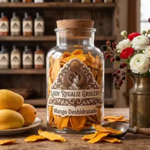 Rebanadas de mango deshidratado natural de tono amarillo intenso en frasco de vidrio antiguo con tapón de corcho, sobre mesa de madera, acompañado de platito de porcelana con mangos frescos, mango deshidratado, claveles blancos y rojos, con vainas de moras dentro de una lechera de latón, al fondo un estante de madera con frascos de frutos secos de Lady Regaliz Grocery.