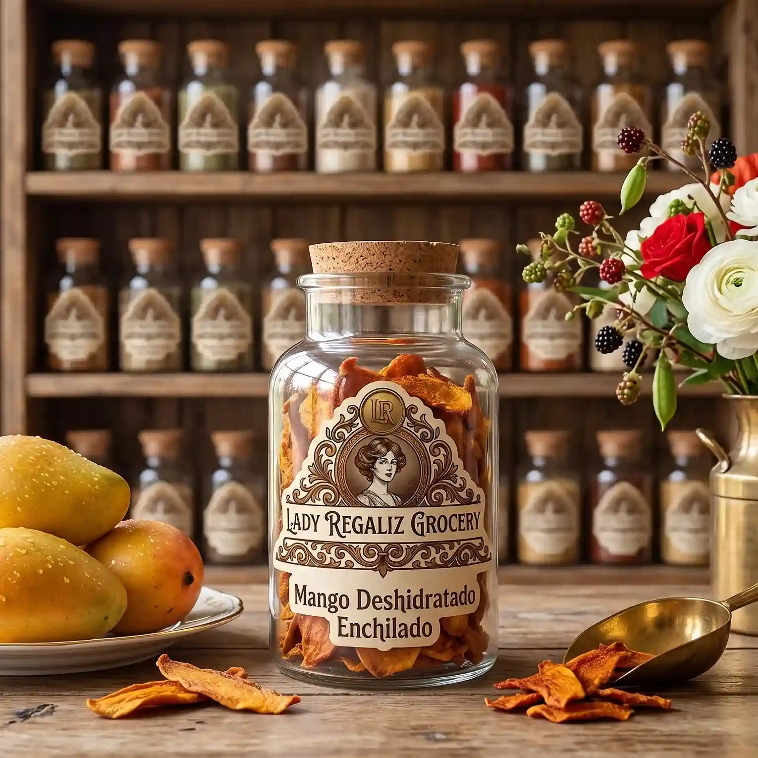 Tiras de mango deshidratado cubiertas con chile en polvo en frasco artesanal vintage, sobre mesa de madera, acompañado de platito de porcelana con mangos frescos, mango deshidratado, claveles blancos y rojos, con vainas de moras dentro de una lechera de latón, al fondo un estante de madera con frascos de frutos secos de Lady Regaliz Grocery.