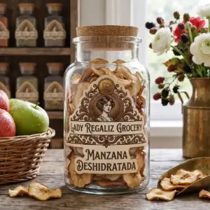 Rodajas de manzana deshidratada de aspecto crujiente en frasco de vidrio antiguo con tapón de corcho. Sobre mesa de madera, acompañado de canasta de mimbre con manzanas frescas, claveles y vainas de mora dentro de lechera de latón, al fondo un estante de madera con frascos de frutas deshidratadas de Lady Regaliz Grocery.