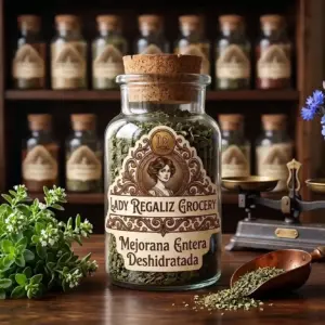 Mejorana deshidratada de tono verde seco en frasco artesanal con etiqueta vintage, sobre mesa de caoba con ramo de mejorana fresca y palita de cobre, al fondo una bascula antigua y la estantería con frascos de condimentos en Lady Regaliz Grocery.
