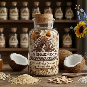 Mezcla artesanal de frutos secos y cereales ancestrales en frasco de botica de época con tapón de corcho, sobre mesa de madera, acompañado de cocos frescos, tarro de miel, hojuelas de avena, ajonjolí, almendras, cuchara de madera, al fondo un estante de madera con frascos de frutos secos de Lady Regaliz Grocery.