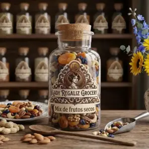 Variedad de frutos secos seleccionados de la casa en frasco rústico de vidrio con tapón de corcho, sobre mesa de madera, acompañado de platito de cerámica con mix de frutos secos, cacahuates con cáscara, cuchara de madera, almendras, palita de latón y flores de girasol, al fondo un estante de madera con frascos de frutos secos de Lady Regaliz Grocery.