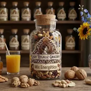 Mezcla energética de semillas y frutos deshidratados en frasco de vidrio antiguo con tapón de corcho, sobre mesa de madera, acompañado de vaso de vidrio con jugo de naranja y pajilla, nuez entera, cacahuates y un girasol, al fondo un estante de madera con frascos de frutos secos de Lady Regaliz Grocery.