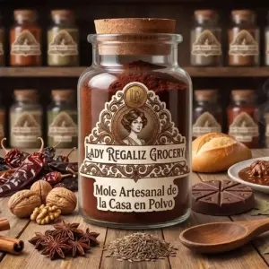 Mole artesanal con receta de la casa en presentación en polvo, sobre mesa de madera, acompañado de chiles secos, nueces, varas de canela, anís estrella, anís mexicano, cuchara de madera, tablilla de chocolate, bolillo, plato de cerámica con pollo con mole, al fondo un estante de madera con frascos de frutos secos de Lady Regaliz Grocery.