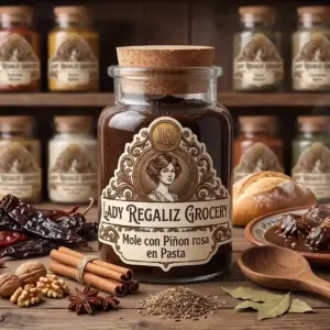 Mole adicionado con piñón rosa en pasta, dentro de frasco de cristal con tapón de corcho, sobre mesa de madera, acompañado de chiles secos, nueces, varas de canela, anís estrella, anís mexicano, cuchara de madera, tablilla de chocolate, bolillo, plato de cerámica con pollo con mole, al fondo un estante de madera con frascos de frutos secos de Lady Regaliz Grocery.