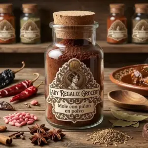 Mole gourmet con piñón rosa en polvo de tono artesanal único en frasco de botica vintage, sobre mesa de madera acompañado de chiles secos, piñón rosa, anís estrella, varas de canela, anís mexicano, hojas de laurel, chuchara de madera y plato con mole, al fondo un estante de la tienda de Lady Regaliz Grocery con condimentos.