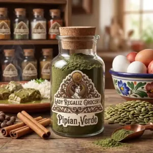 Mole pipián verde en polvo fino elaborado con semillas en frasco artesanal de época, sobre mesa de madera, acompañado de varas de canela, semillas de pimienta gorda, palita de latón, pepitas de calabaza y huevera con huevos rojos y blancos, al fondo un estante de madera con frascos de condimentos de Lady Regaliz Grocery.