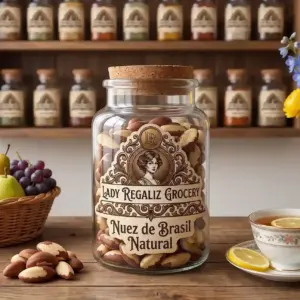 Nuez de Brasil natural en frasco de vidrio con tapón de corcho, sobre mesa de madera, acompañado de frutero con frutas frescas, montoncito de nuez de Brasil, taza de té con rodajas de limón, al fondo un estante de madera con frascos de frutos secos de Lady Regaliz Grocery.
