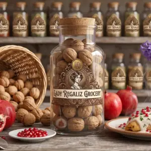 Nueces de Castilla enteras con cáscara rústica en frasco grande de vidrio de época con tapón de corcho, sobre mesa de madera, acompañado de palita de latón y platito con granos de granada roja, canasta de mimbre con nuez de castilla, granada roja fresca y chile en nogada, al fondo un estante de la tienda de Lady Regaliz Grocery con condimentos.