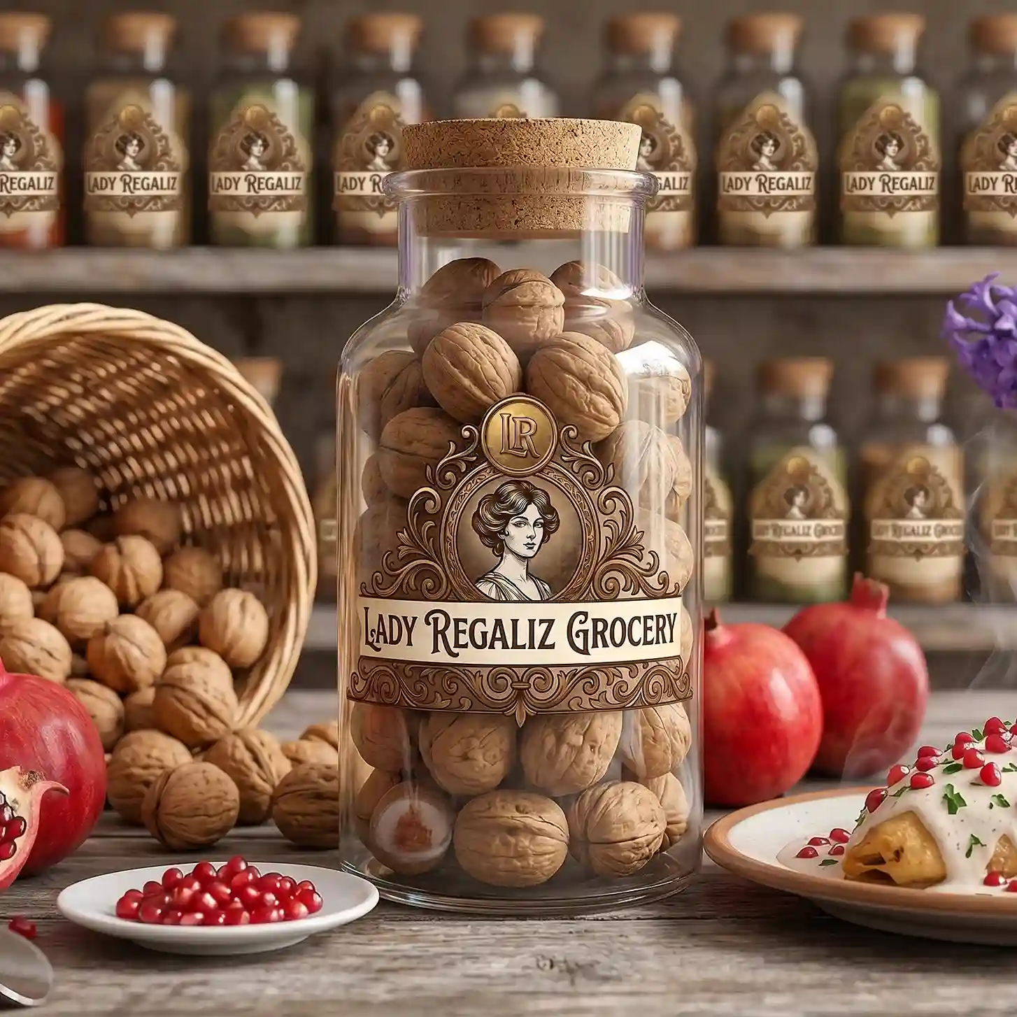 Nueces de Castilla enteras con cáscara rústica en frasco grande de vidrio de época con tapón de corcho, sobre mesa de madera, acompañado de palita de latón y platito con granos de granada roja, canasta de mimbre con nuez de castilla, granada roja fresca y chile en nogada, al fondo un estante de la tienda de Lady Regaliz Grocery con condimentos.
