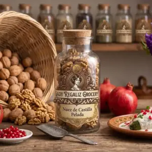 Corazones de nuez de Castilla pelada y fresca en frasco rústico de vidrio antiguo, sobre mesa de madera, acompañado de palita de latón y platito con granos de granada roja, canasta de mimbre con nuez de castilla, granada roja fresca y chile en nogada, al fondo un estante de la tienda de Lady Regaliz Grocery con condimentos.