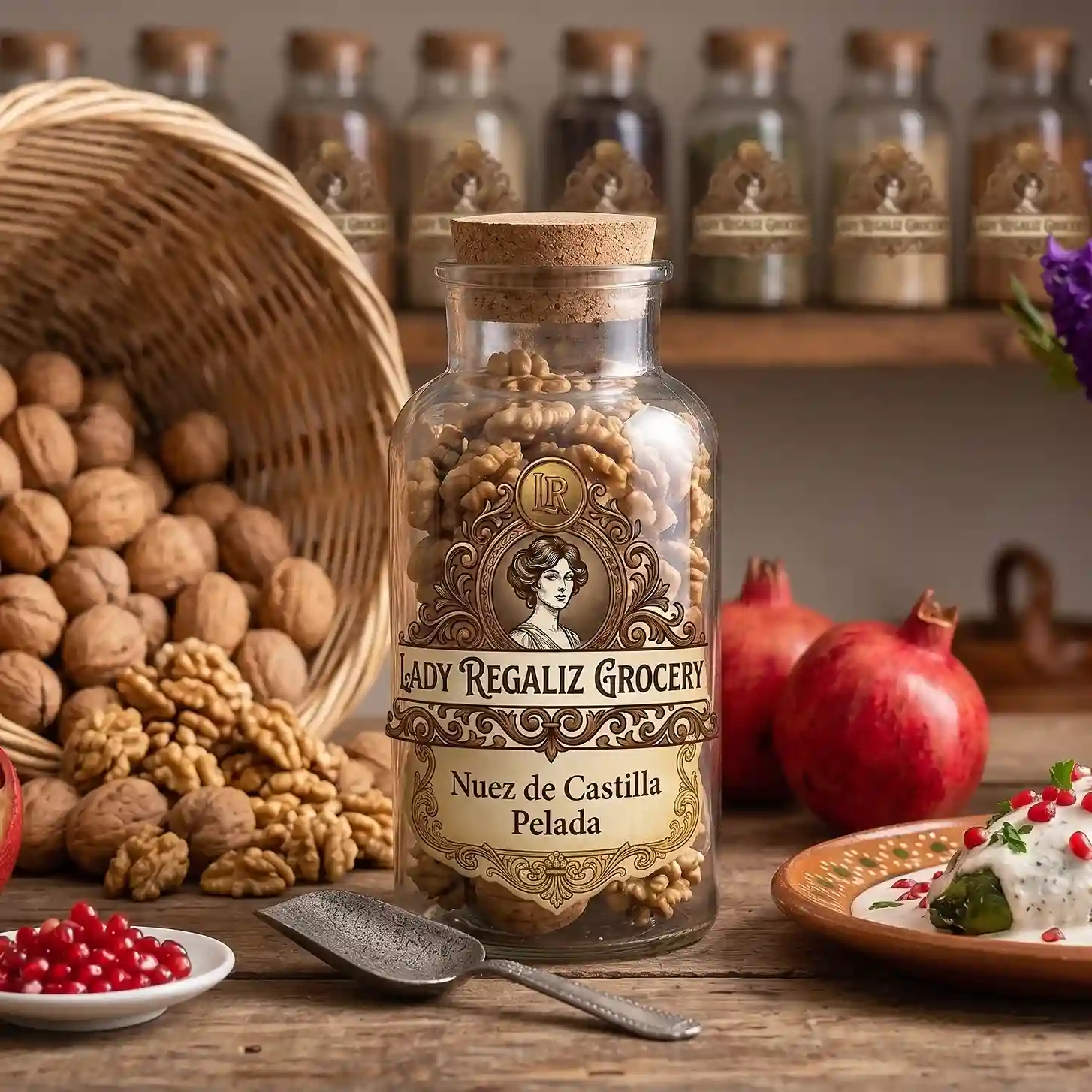 Corazones de nuez de Castilla pelada y fresca en frasco rústico de vidrio antiguo, sobre mesa de madera, acompañado de palita de latón y platito con granos de granada roja, canasta de mimbre con nuez de castilla, granada roja fresca y chile en nogada, al fondo un estante de la tienda de Lady Regaliz Grocery con condimentos.
