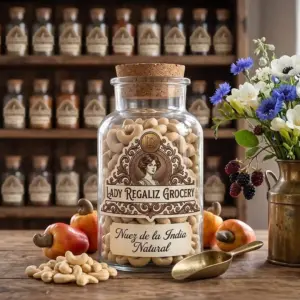 Nueces de la India naturales y enteras en frasco tradicional de vidrio de época, sobre mesa de madera, acompañado de fruto marañón fresco, nuez de la india pelada, palita de latón, flores blancas y azules con vainas de moras dentro de bote lechero de latón, al fondo un estante de madera con frascos de frutos secos de Lady Regaliz Grocery.
