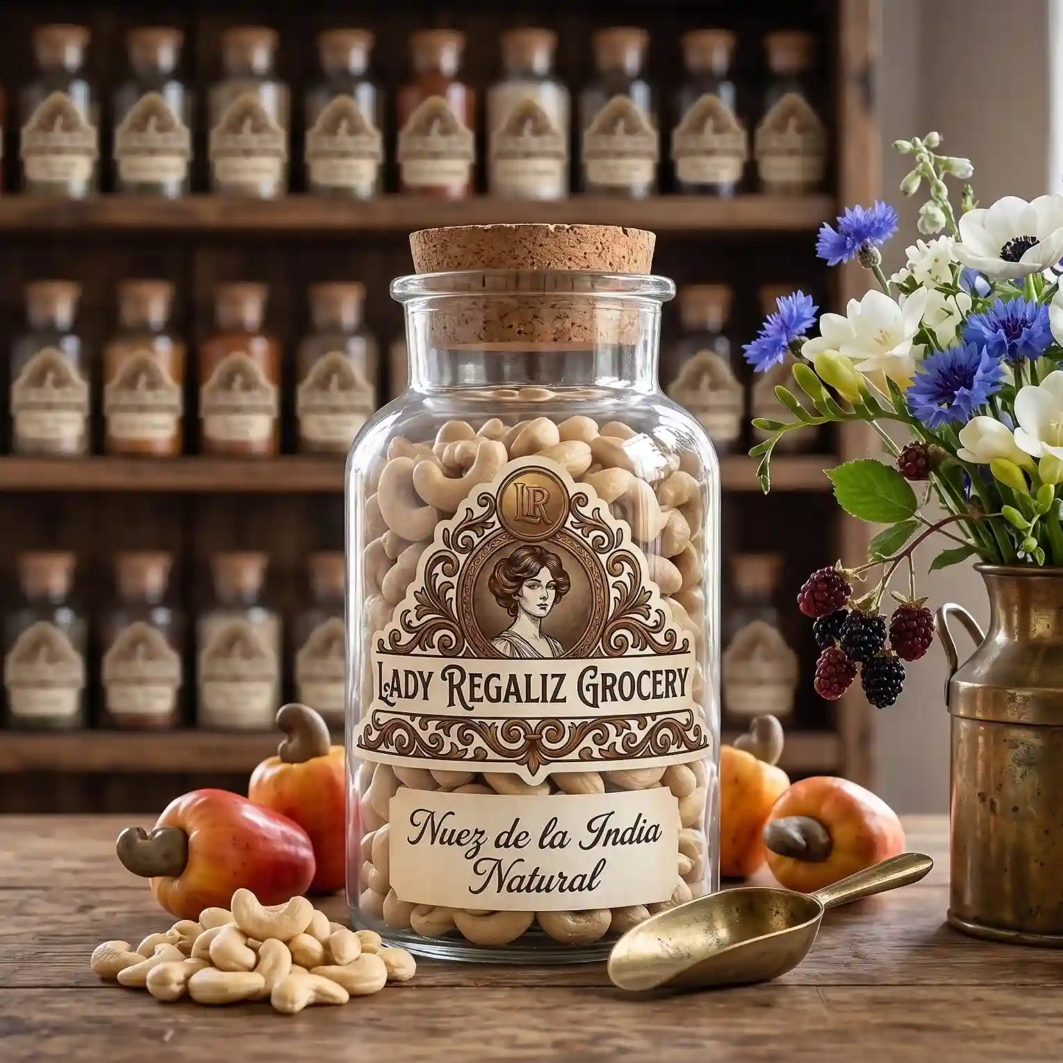 Nueces de la India naturales y enteras en frasco tradicional de vidrio de época, sobre mesa de madera, acompañado de fruto marañón fresco, nuez de la india pelada, palita de latón, flores blancas y azules con vainas de moras dentro de bote lechero de latón, al fondo un estante de madera con frascos de frutos secos de Lady Regaliz Grocery.