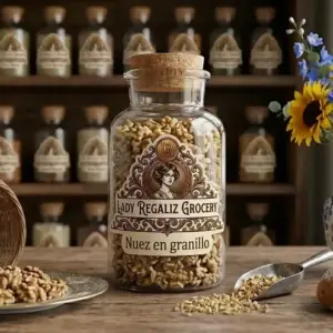 Nuez pecana en trozos pequeños o granillo en frasco de vidrio antiguo sobre mesa de madera, a un lado un platito con nueces enteras y una palita de latón con nuez en trozo, al fondo un girasol y un estante de madera con frascos de frutos secos en Lady Regaliz Grocery.