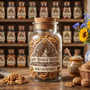 Mitades de nuez pecana seleccionada en frasco rústico sobre mesa de madera, acompañado de palita de latón, nuez en mitades, tarro de miel, canastilla con nuez con cáscara, flores azules con girasoles dentro de florero de porcelana azul, al fondo un estante de madera con frascos de frutos secos de Lady Regaliz Grocery.