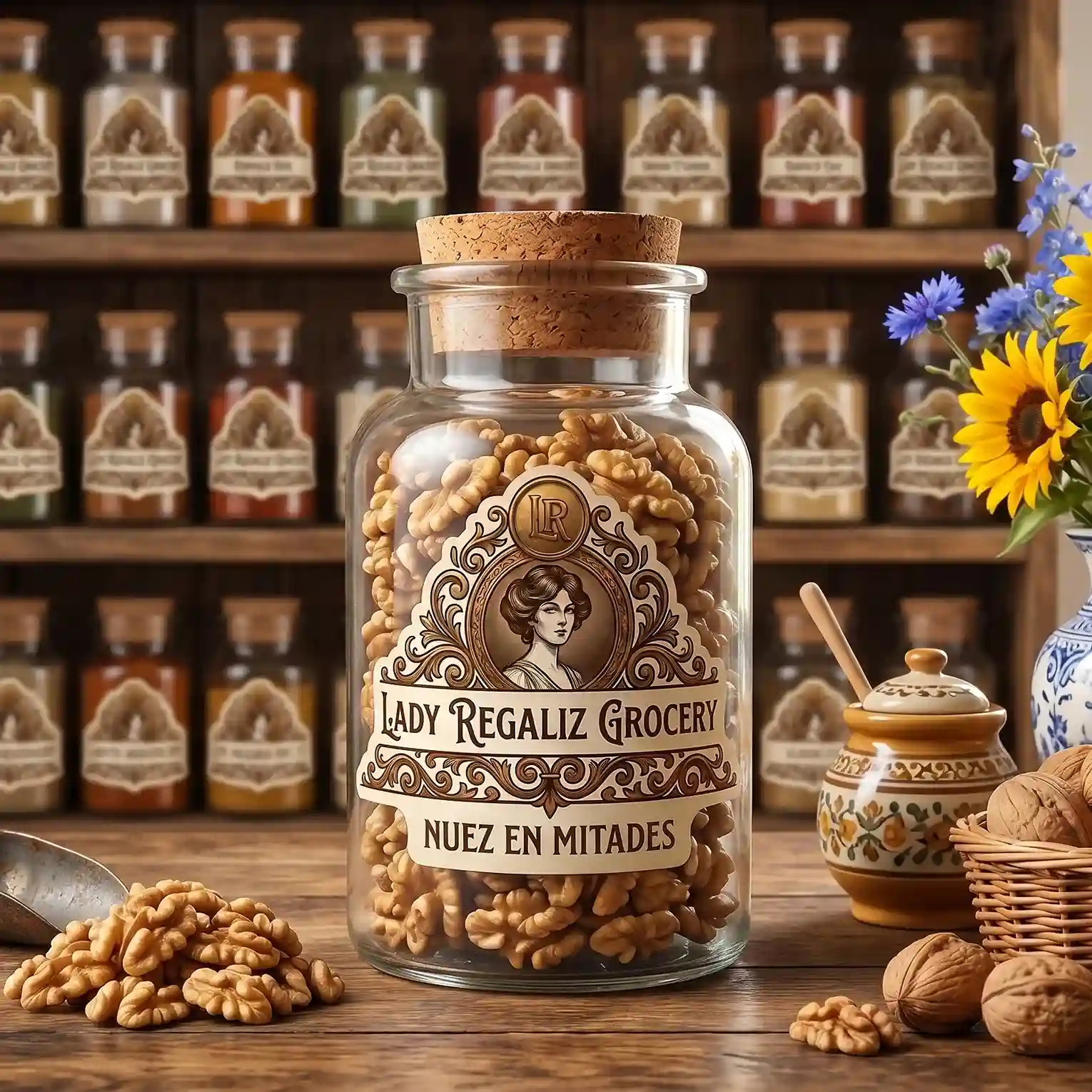 Mitades de nuez pecana seleccionada en frasco rústico sobre mesa de madera, acompañado de palita de latón, nuez en mitades, tarro de miel, canastilla con nuez con cáscara, flores azules con girasoles dentro de florero de porcelana azul, al fondo un estante de madera con frascos de frutos secos de Lady Regaliz Grocery.