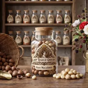 Nueces de macadamia enteras de color crema en frasco artesanal de vidrio rústico, sobre mesa de madera, acompañado de cesta de mimbre con nuez de macadamia con cáscara, vainas de moras en florero de latón y al fondo un estante de madera con frascos de frutos secos de Lady Regaliz Grocery.