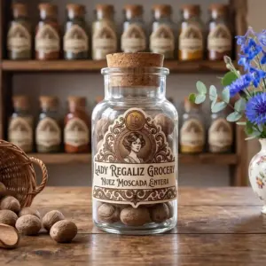 Semillas de nuez moscada entera de aspecto rústico en frasco vintage de época sobre mesa de madera, a lado una cesta de mimbre con nuez moscada con cáscara, al fondo unas flores azules y ramas de eucalipto, hay una estantería de madera con frascos de vidrio y especias de Lady Regaliz Grocery.