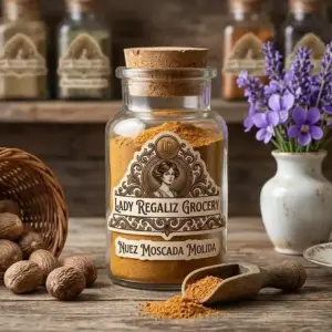 Nuez moscada molida fina en frasco de época rústico, sobre mesa de madera con canasta de mimbre y nuez moscada, a un lado una palita de madera con florero blanco y flores moradas de Lady Regaliz Grocery.