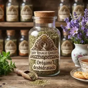 Hojas de orégano deshidratado en frasco de vidrio vintage con tapón de corcho, sobre mesa de madera con oregano fresco, palita de madera, florero blanco con flores moradas y una taza de té con galletas de Lady Regaliz Grocery.
