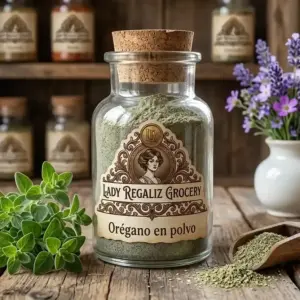 Orégano en polvo fino de tono verde seco en frasco de botica, sobre mesa de madera con manojo de orégano fresco, palita de madera y florero blanco con flores moradas de Lady Regaliz Grocery.