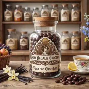 pasas con chocolate en frasco vintage, obre mesa de madera, acompañado de frutero con frutas frescas, vainas de vainilla con flores de vainilla, taza de té con rodajas de limón, al fondo un estante de madera con frascos de frutos secos de Lady Regaliz Grocery.