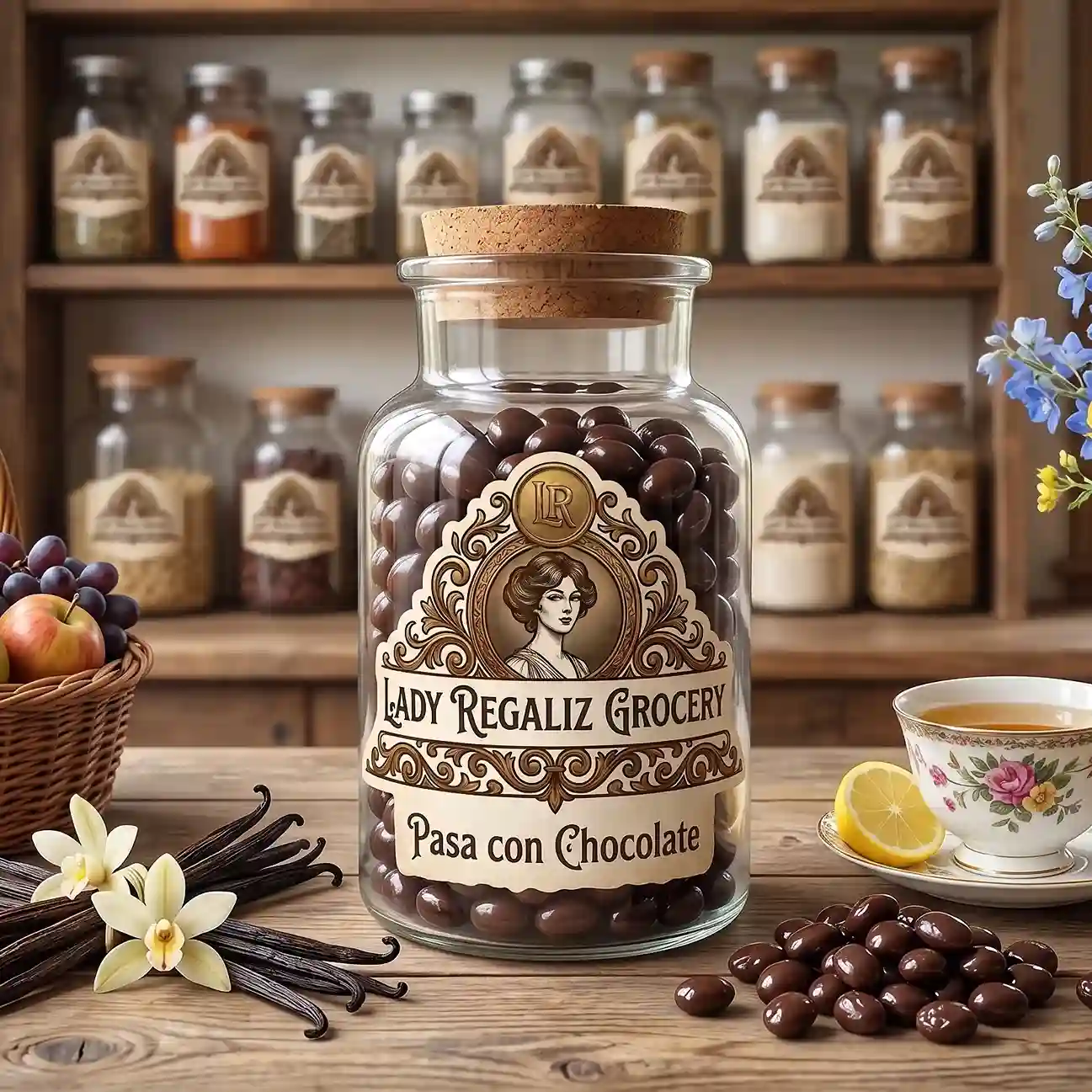 pasas con chocolate en frasco vintage, obre mesa de madera, acompañado de frutero con frutas frescas, vainas de vainilla con flores de vainilla, taza de té con rodajas de limón, al fondo un estante de madera con frascos de frutos secos de Lady Regaliz Grocery.