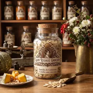 Semillas de calabaza criolla con cáscara, de color arena pálido, dentro de frasco de vidrio con tapón de corcho, sobre mesa de madera, acompañado de báscula antigua, calabaza de invierno, platito de porcelana con trozos de calabaza de invierno, palita de latón, claveles blancos y rojos con vainas de moras en lechera de latón, al fondo un estante de madera con frascos de frutas deshidratadas de Lady Regaliz Grocery.